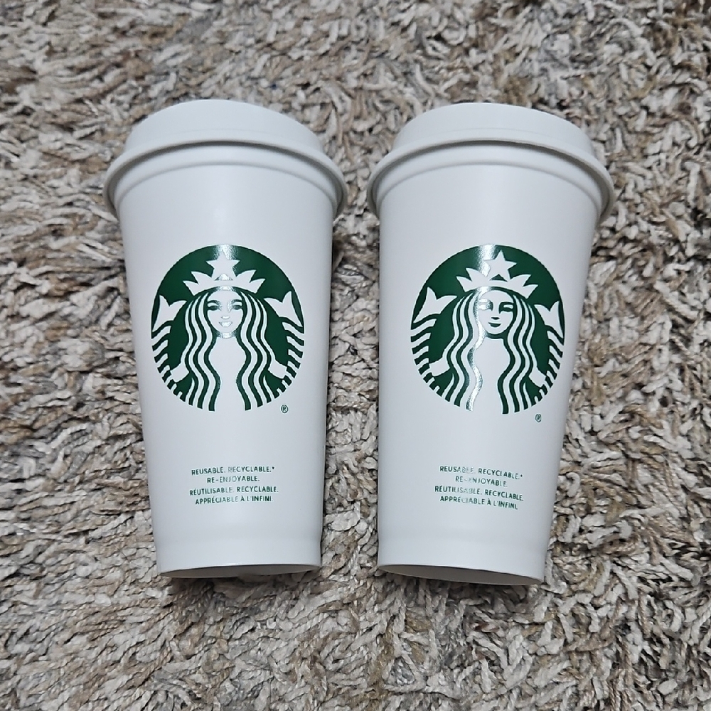 Starbucks Reusable White Plastic Cups. Set Of Two.
